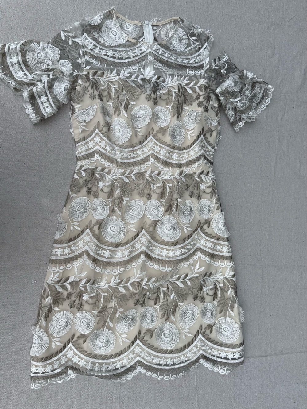 Minuet Petite Cream Dress with White Lace Overlay